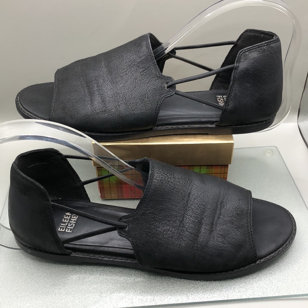 EILEEN FISHER Spell Open Toe D'Orsay Flat Sandal Black Nubuck Sz. 7.5